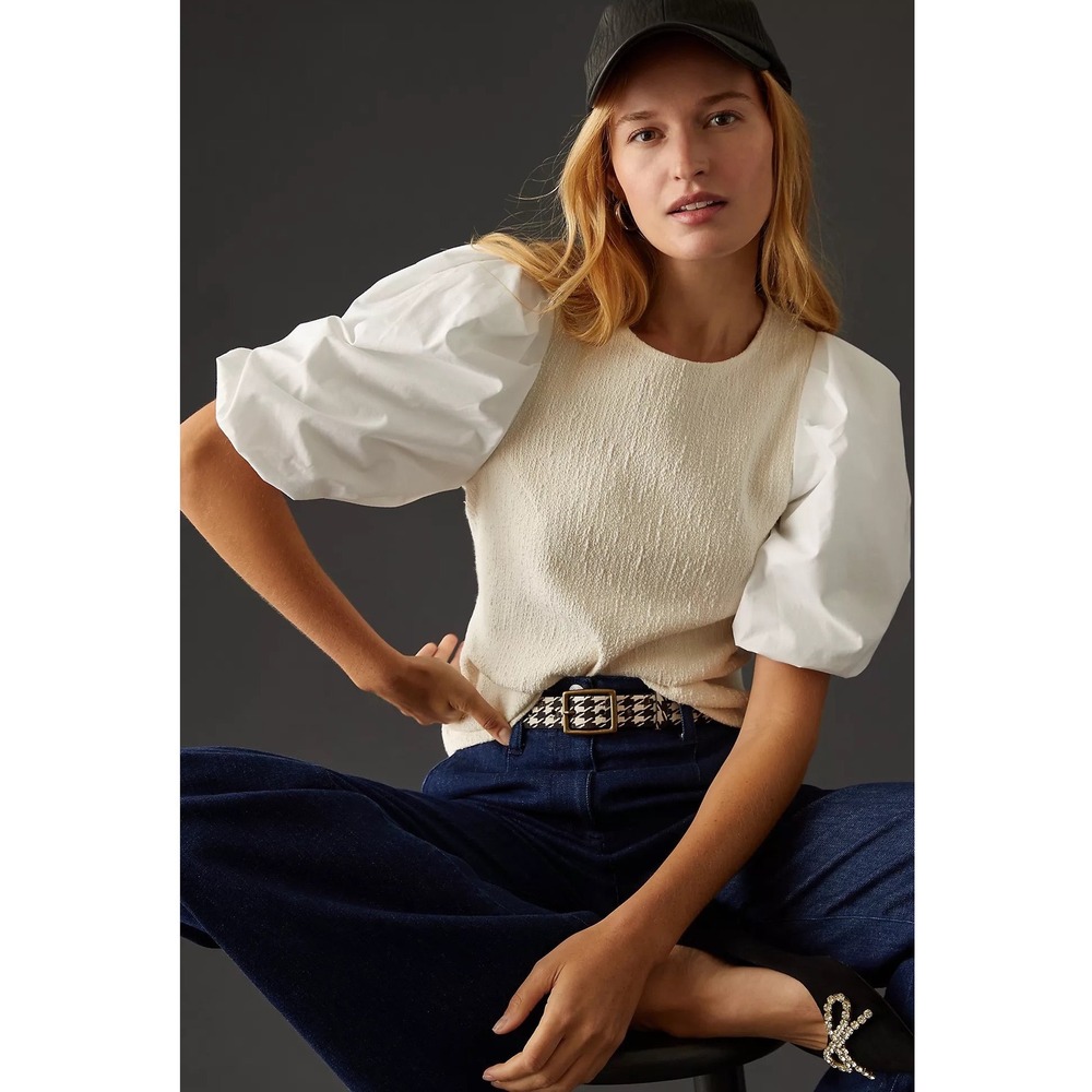Anthropologie Mixed Media Puff Sleeve Top Cream White Textured Blouse XL